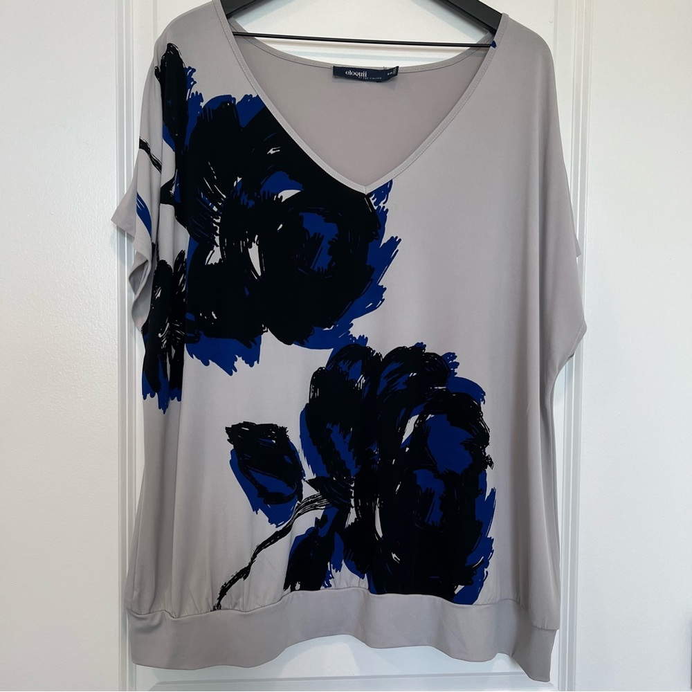Eloquii Gray and Blue Floral Blouse